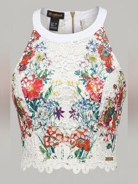 Colcci White Floral Lace Cropped Halter Top